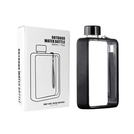 Slim Tritan Flat Water Bottle - 380ml BPA-Free, Leakproof with Leather-Textured Sleeve & Strap(Black).