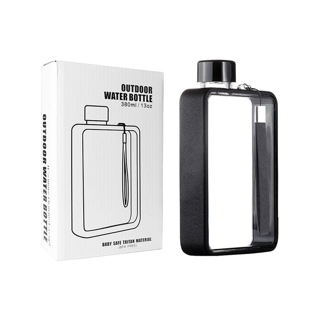 Slim Tritan Flat Water Bottle - 380ml BPA-Free, Leakproof with Leather-Textured Sleeve & Strap(Black).