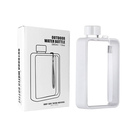 Slim Tritan Flat Water Bottle - 380ml BPA-Free, Leakproof with Leather-Textured Sleeve & Strap(white).