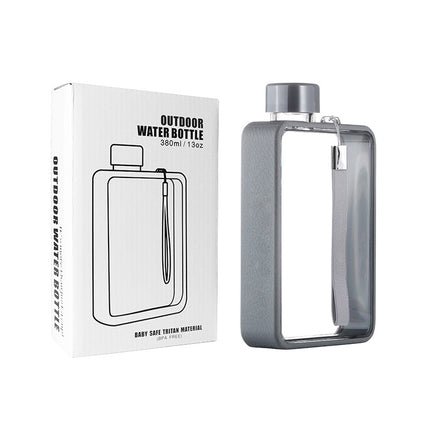 Slim Tritan Flat Water Bottle - 380ml BPA-Free, Leakproof with Leather-Textured Sleeve & Strap(grey).