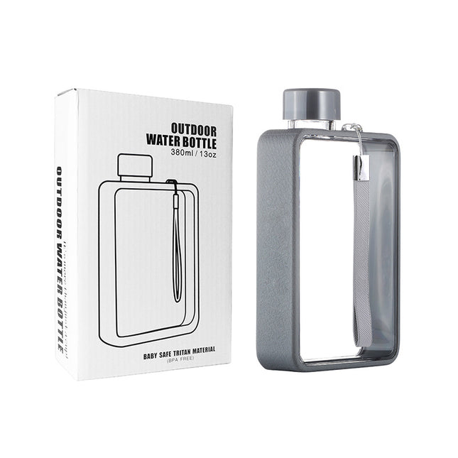 Slim Tritan Flat Water Bottle - 380ml BPA-Free, Leakproof with Leather-Textured Sleeve & Strap(grey).