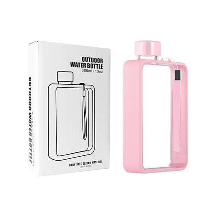 Slim Tritan Flat Water Bottle - 380ml BPA-Free, Leakproof with Leather-Textured Sleeve & Strap(pink).