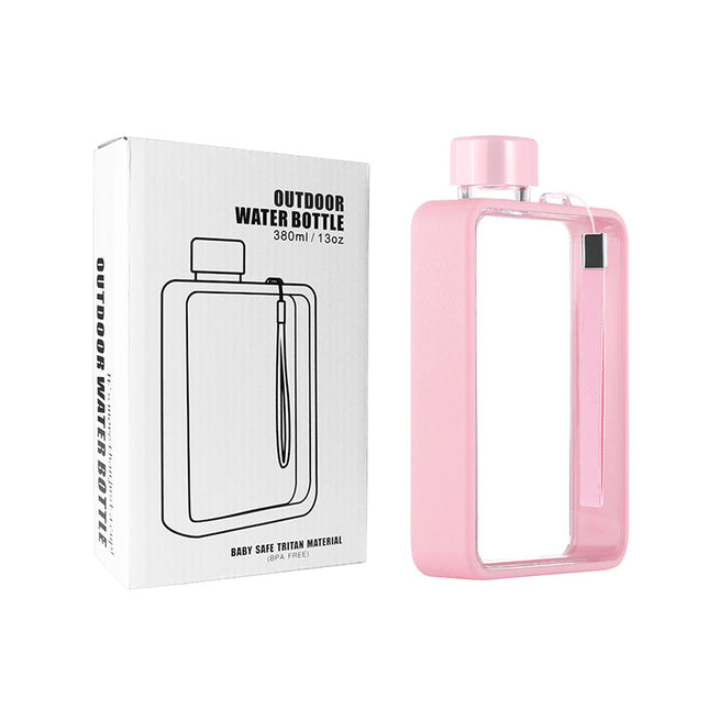 Slim Tritan Flat Water Bottle - 380ml BPA-Free, Leakproof with Leather-Textured Sleeve & Strap(pink).