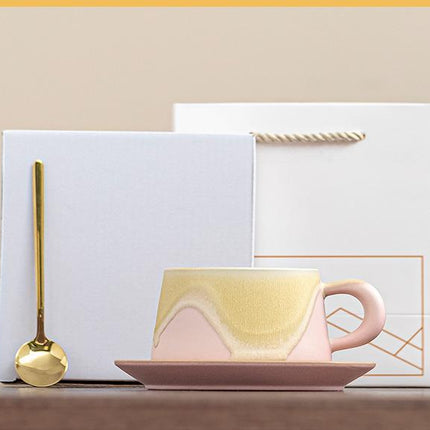 Artistic Ceramic Coffee Cup & Saucer Set with Spoon - Gradient Glaze, 240ml, Gift Boxed(pink).