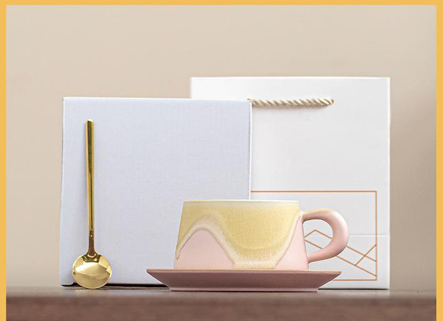 Artistic Ceramic Coffee Cup & Saucer Set with Spoon - Gradient Glaze, 240ml, Gift Boxed(pink).