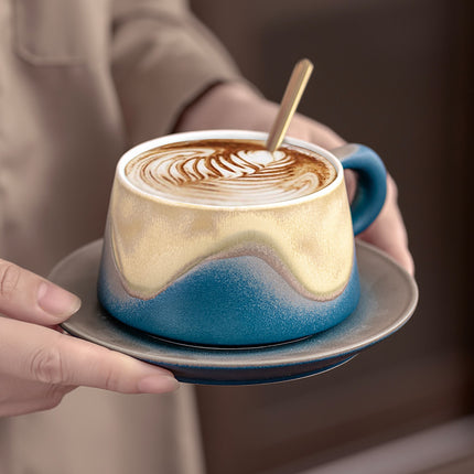 Artistic Ceramic Coffee Cup & Saucer Set with Spoon - Gradient Glaze, 240ml, Gift Boxed(pink).