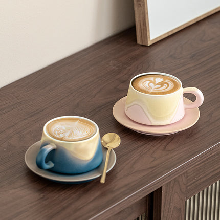 Artistic Ceramic Coffee Cup & Saucer Set with Spoon - Gradient Glaze, 240ml, Gift Boxed(pink).