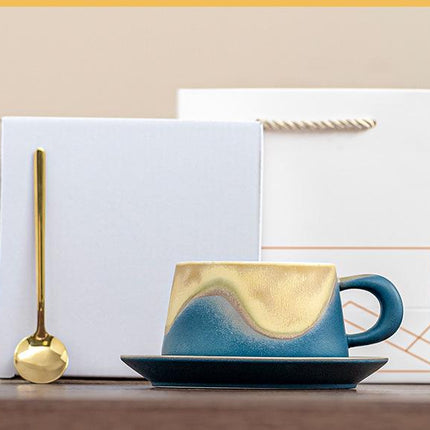 Artistic Ceramic Coffee Cup & Saucer Set with Spoon - Gradient Glaze, 240ml, Gift Boxed(Blue).
