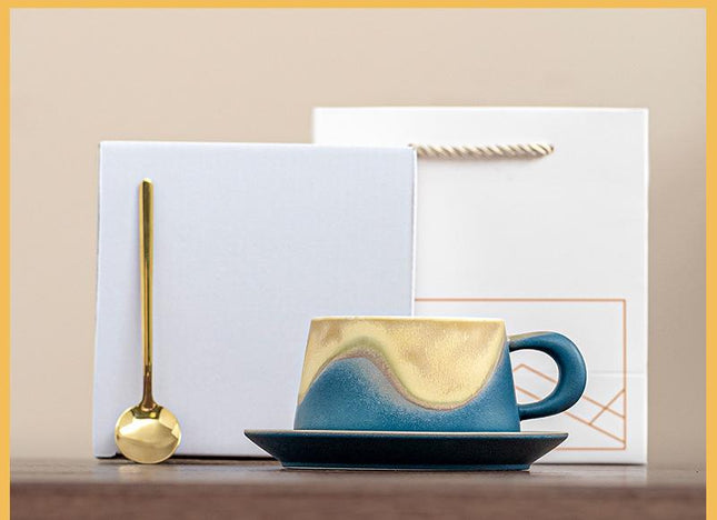 Artistic Ceramic Coffee Cup & Saucer Set with Spoon - Gradient Glaze, 240ml, Gift Boxed(Blue).