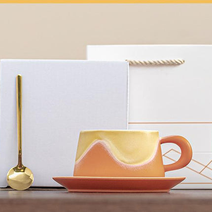 Artistic Ceramic Coffee Cup & Saucer Set with Spoon - Gradient Glaze, 240ml, Gift Boxed(Orange).