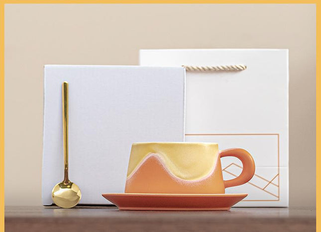 Artistic Ceramic Coffee Cup & Saucer Set with Spoon - Gradient Glaze, 240ml, Gift Boxed(Orange).