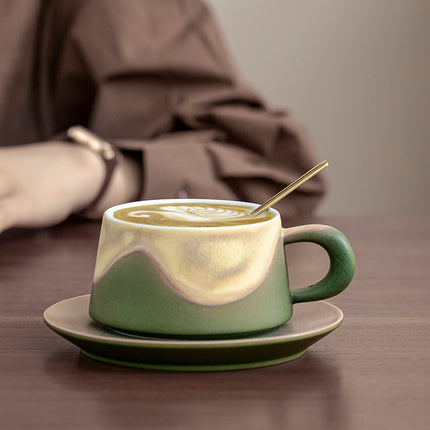 Artistic Ceramic Coffee Cup & Saucer Set with Spoon - Gradient Glaze, 240ml, Gift Boxed(Orange).