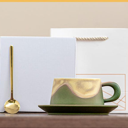 Artistic Ceramic Coffee Cup & Saucer Set with Spoon - Gradient Glaze, 240ml, Gift Boxed(Green).