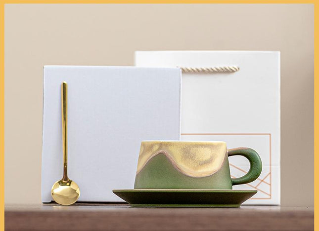 Artistic Ceramic Coffee Cup & Saucer Set with Spoon - Gradient Glaze, 240ml, Gift Boxed(Green).