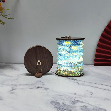 Foldable Telescopic Lantern Lamp - 3 Light Modes, USB Rechargeable, Wood/Paper Finish(Starry Night by Van Gogh).