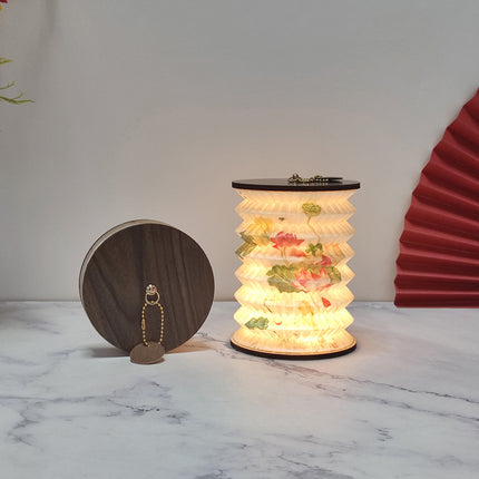 Foldable Telescopic Lantern Lamp - 3 Light Modes, USB Rechargeable, Wood/Paper Finish(Lotus Painting).