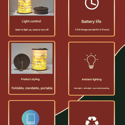 Foldable Telescopic Lantern Lamp - 3 Light Modes, USB Rechargeable, Wood/Paper Finish(Good Luck and Happiness).