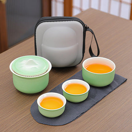 Portable Ceramic Tea Set for Travel - Quick Gaiwan with 3 Cups & Carrying Case(Light green).