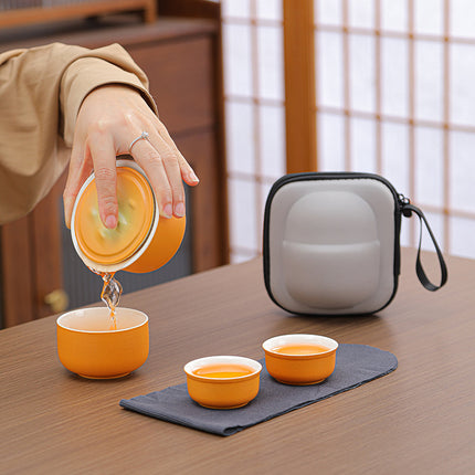 Portable Ceramic Tea Set for Travel - Quick Gaiwan with 3 Cups & Carrying Case(Light green).