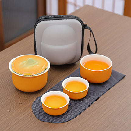 Portable Ceramic Tea Set for Travel - Quick Gaiwan with 3 Cups & Carrying Case(Orange).