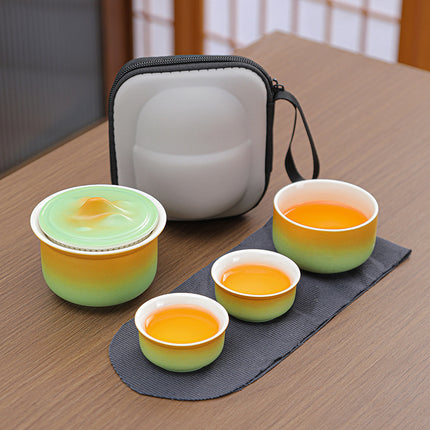 Portable Ceramic Tea Set for Travel - Quick Gaiwan with 3 Cups & Carrying Case(Yellow-green gradient).