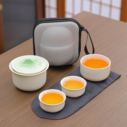 Portable Ceramic Tea Set for Travel - Quick Gaiwan with 3 Cups & Carrying Case(White).