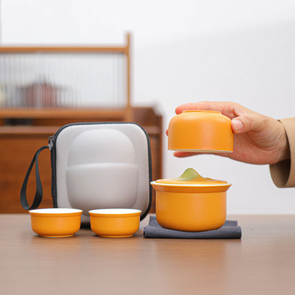 Portable Ceramic Tea Set for Travel - Quick Gaiwan with 3 Cups & Carrying Case(White).