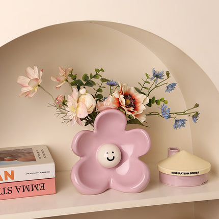 Artistic Floral Smiling Face Vase - Modern Ceramic Decor with Gloss Finish(pink).