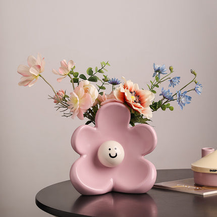 Artistic Floral Smiling Face Vase - Modern Ceramic Decor with Gloss Finish(pink).