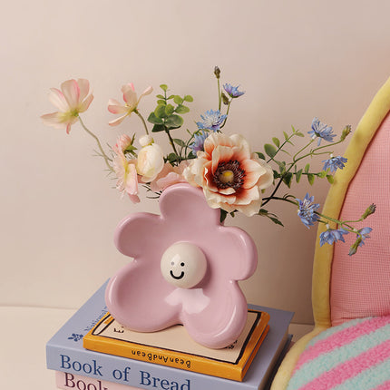 Artistic Floral Smiling Face Vase - Modern Ceramic Decor with Gloss Finish(Osmanthus yellow).