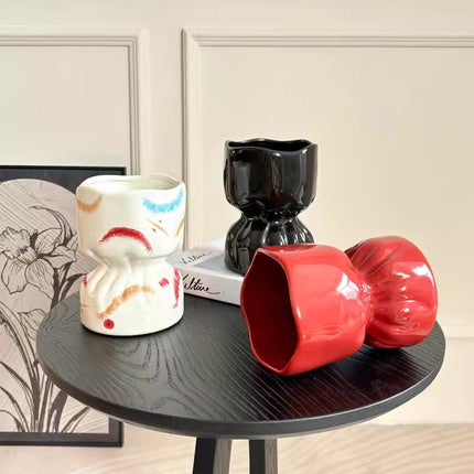 Artisan Handcrafted Ceramic Vase - Minimalist Home Decor with Stable Base(black).