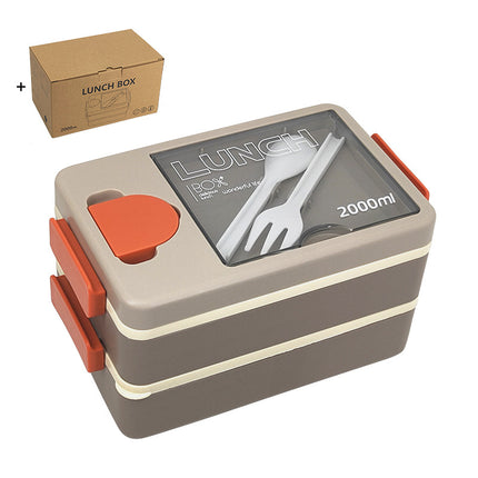 2L Double-Layer Bento Lunch Box - Leak-Proof with Utensil & Sauce Container(Grey).