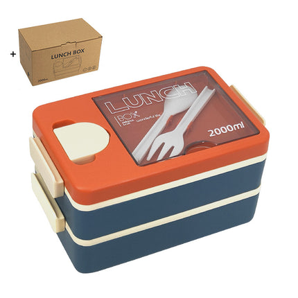 2L Double-Layer Bento Lunch Box - Leak-Proof with Utensil & Sauce Container(Orange Blue).