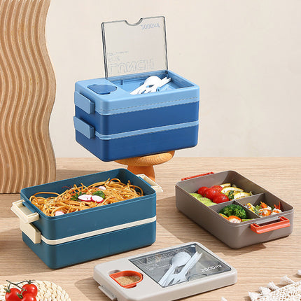 2L Double-Layer Bento Lunch Box - Leak-Proof with Utensil & Sauce Container(Orange Blue).
