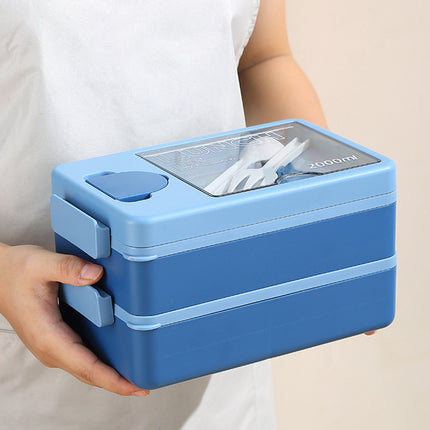 2L Double-Layer Bento Lunch Box - Leak-Proof with Utensil & Sauce Container(Orange Blue).