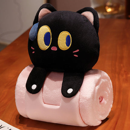Plush 2-in-1 Pillow Blanket - Adorable Design for Cozy Comfort(Black Cat).