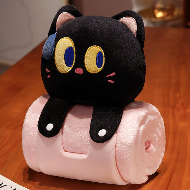 Plush 2-in-1 Pillow Blanket - Adorable Design for Cozy Comfort(Black Cat).