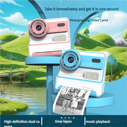 Kids Instant Print Camera - Creative Drawing & Photo Fun with Thermal Printing(Blue+64GB memory card).