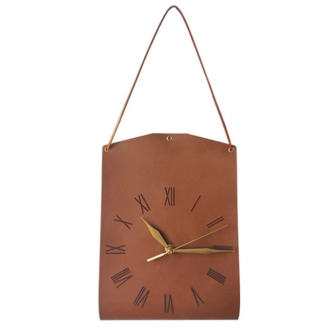 Retro PU Leather Hanging Wall Clock - Silent Sweep Movement, Roman Numerals, Decorative Handbag Style(Dark Brown).