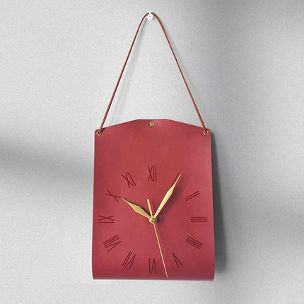 Retro PU Leather Hanging Wall Clock - Silent Sweep Movement, Roman Numerals, Decorative Handbag Style(Red).