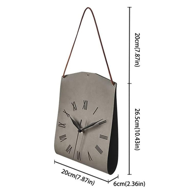 Retro PU Leather Hanging Wall Clock - Silent Sweep Movement, Roman Numerals, Decorative Handbag Style(Grey).