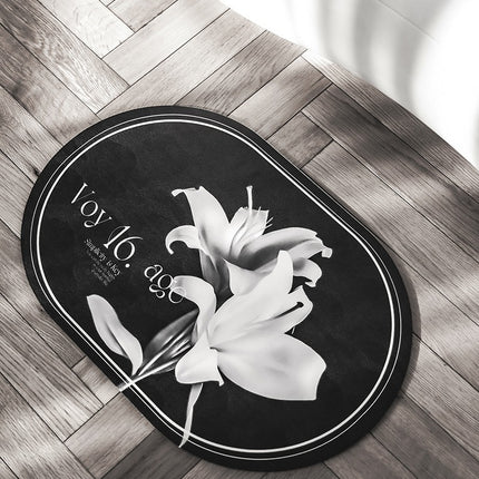 Elegant Floral Print Absorbent Floor Mat - Quick Dry, Non-Slip, Easy Clean Bathroom & Entryway Rug(White flowers on black background).