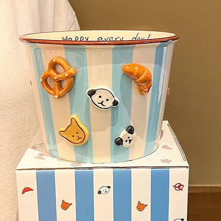 Charming Striped Ceramic Instant Noodle Bowl with 3D Accents & Happy every day!" Message(blue)".