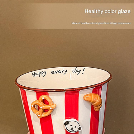 Charming Striped Ceramic Instant Noodle Bowl with 3D Accents & Happy every day!" Message(blue)".