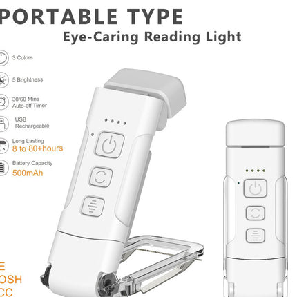 Portable Clip-On LED Reading Light - USB Rechargeable, 3 Color Modes & 5 Brightness Levels(white).