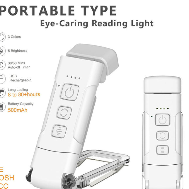 Portable Clip-On LED Reading Light - USB Rechargeable, 3 Color Modes & 5 Brightness Levels(white).