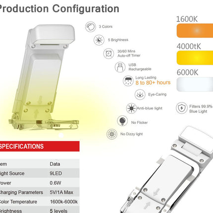 Portable Clip-On LED Reading Light - USB Rechargeable, 3 Color Modes & 5 Brightness Levels(black).