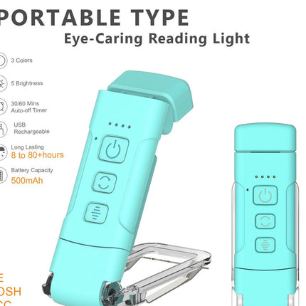 Portable Clip-On LED Reading Light - USB Rechargeable, 3 Color Modes & 5 Brightness Levels(Lake Blue).