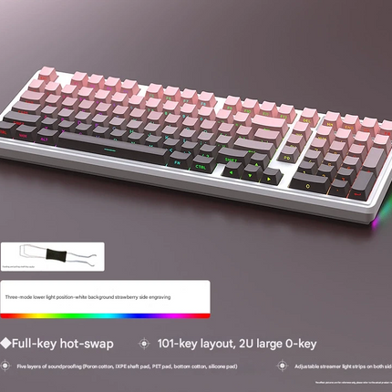 Tri-Mode RGB Mechanical Gaming Keyboard - 102-Key, Hot-Swappable, 4000mAh Battery, 5-Layer Sound Dampening(Strawberry on white).
