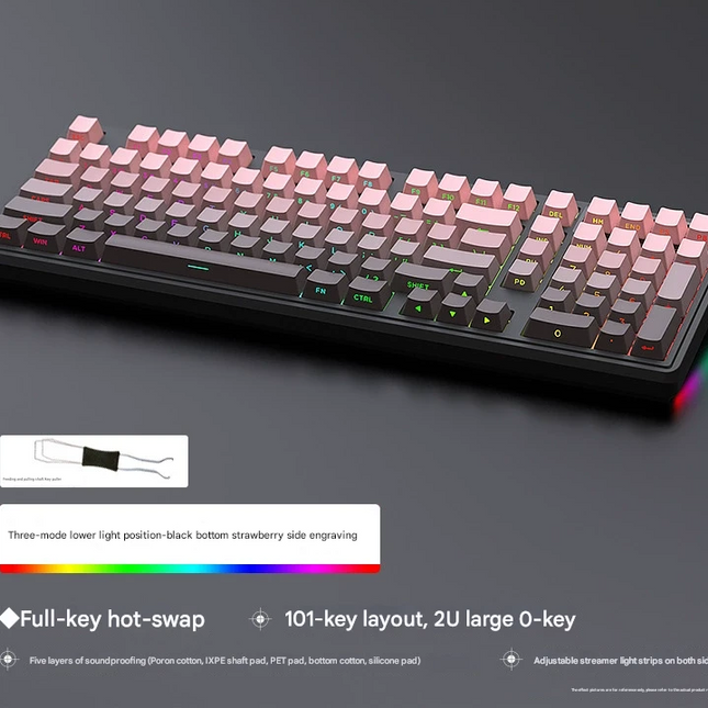 Tri-Mode RGB Mechanical Gaming Keyboard - 102-Key, Hot-Swappable, 4000mAh Battery, 5-Layer Sound Dampening(Strawberry on black).